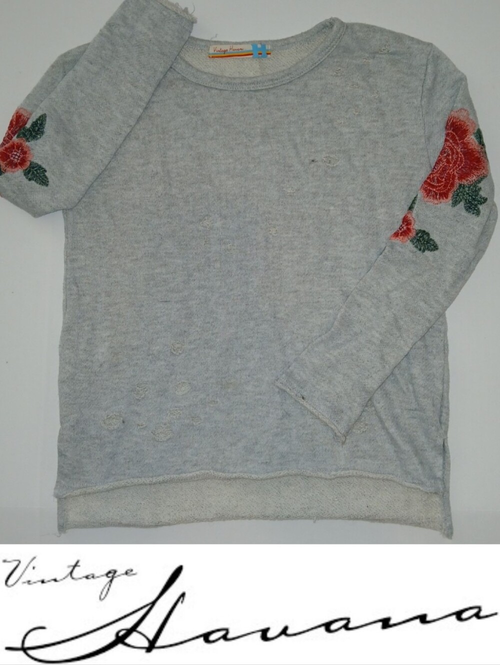 Vintage Havana Distressed Embroidered Rose Pullover Sweater, gray